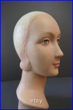 Vintage 1920s Mannequin Head Art Deco, Hat Store Display, Plaster or Composition, issues, sloppy repaint
