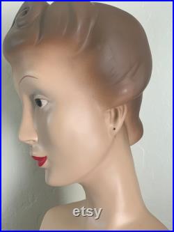 Vintage 1940's Millinery Hat and Jewelry Display Mannequin Head (PIERCED EARS)