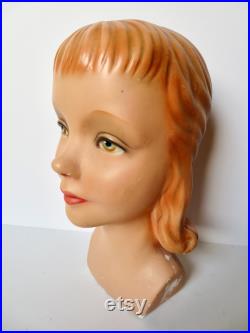 Vintage 40s 50s Plaster Young Woman's Teenage Girl Mannequin Head Millinery Bust Blonde Shoulders Numbered Hat Display Mid Century MCM Chalk