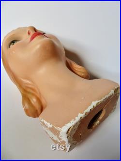 Vintage 40s 50s Plaster Young Woman's Teenage Girl Mannequin Head Millinery Bust Blonde Shoulders Numbered Hat Display Mid Century MCM Chalk