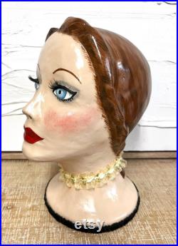 Vintage 40s look Female Mannequin Head Bust Hat Display Paper Mache OOAK