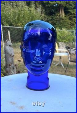 Vintage 70s Cobalt Blue Glass Mannequin Head BOHO Display Head Art Piece