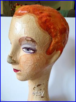 Vintage Antique French Plaster Paper Mache Woman's Mannequin Head Millinery Bust Long Swan Neck Hand Painted Floral Dress Red Hair