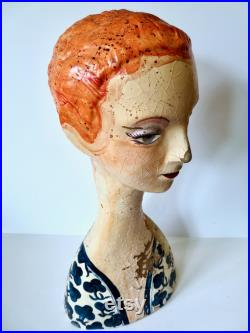 Vintage Antique French Plaster Paper Mache Woman's Mannequin Head Millinery Bust Long Swan Neck Hand Painted Floral Dress Red Hair