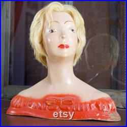 Vintage Display Bust by 1940 s L amoureux N.Y.C Hand Painted Plaster Mannequin Head Jewelry and Hat Display Blonde Hair Coral Dress