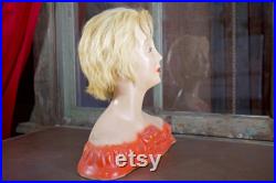 Vintage Display Bust by 1940 s L amoureux N.Y.C Hand Painted Plaster Mannequin Head Jewelry and Hat Display Blonde Hair Coral Dress