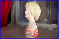 Vintage Display Bust by 1940 s L amoureux N.Y.C Hand Painted Plaster Mannequin Head Jewelry and Hat Display Blonde Hair Coral Dress