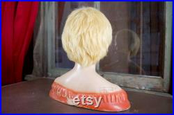 Vintage Display Bust by 1940 s L amoureux N.Y.C Hand Painted Plaster Mannequin Head Jewelry and Hat Display Blonde Hair Coral Dress