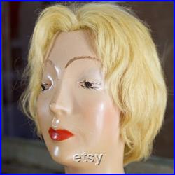 Vintage Display Bust by 1940 s L amoureux N.Y.C Hand Painted Plaster Mannequin Head Jewelry and Hat Display Blonde Hair Coral Dress