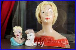 Vintage Display Bust by 1940 s L amoureux N.Y.C Hand Painted Plaster Mannequin Head Jewelry and Hat Display Blonde Hair Coral Dress