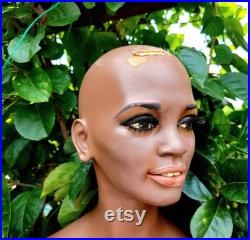 Vintage Female African American Mannequin Torso Bust Head Dress Form Woman with Eyelashes, Wig Holder, Hat Holder, Sunglasses Holder