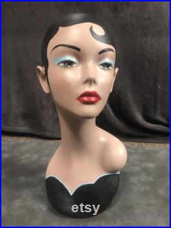 Vintage Fiberglass Hand Painted Female Art Deco Mannequin Doll Head Shop Display 16 High