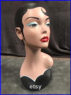 Vintage Fiberglass Hand Painted Female Art Deco Mannequin Doll Head Shop Display 16 High