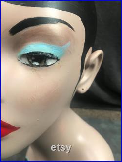 Vintage Fiberglass Hand Painted Female Art Deco Mannequin Doll Head Shop Display 16 High