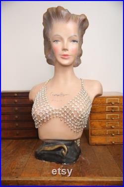 Vintage French Paris Lady Woman Hat Bust Head Champs Elysees Mannequin Plaster Store display Antique Art Deco Jewelry Stand statue