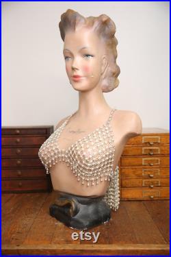 Vintage French Paris Lady Woman Hat Bust Head Champs Elysees Mannequin Plaster Store display Antique Art Deco Jewelry Stand statue