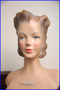 Vintage French Paris Lady Woman Hat Bust Head Champs Elysees Mannequin Plaster Store display Antique Art Deco Jewelry Stand statue