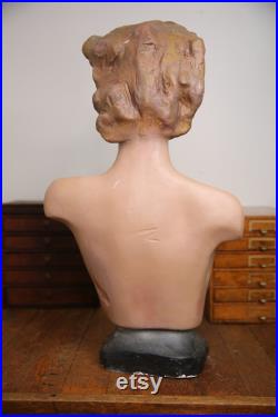 Vintage French Paris Lady Woman Hat Bust Head Champs Elysees Mannequin Plaster Store display Antique Art Deco Jewelry Stand statue