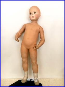 Vintage Full Size Plaster Child Mannequin with Posable Arms Child Size Store Mannequin with Weighted Stand Keyhole Arms Glass Eyes