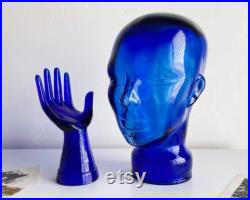 Vintage Glass Mannequin Head France Cobalt Blue 70s Wig Hat Stand