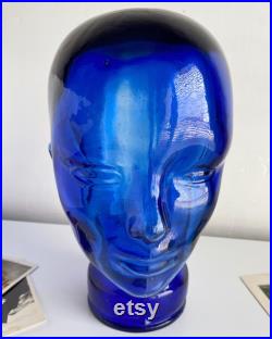 Vintage Glass Mannequin Head France Cobalt Blue 70s Wig Hat Stand