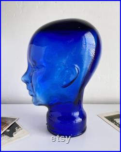 Vintage Glass Mannequin Head France Cobalt Blue 70s Wig Hat Stand