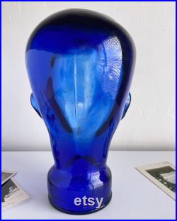 Vintage Glass Mannequin Head France Cobalt Blue 70s Wig Hat Stand