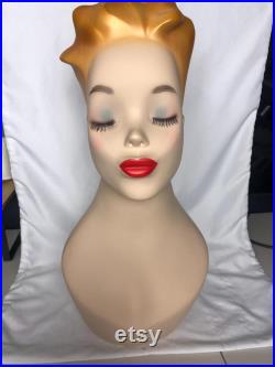 Vintage Kiss Me fiberglass Adult Female mannequin Head Bust 17 tall Detailed face, holes for earrings to display