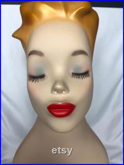 Vintage Kiss Me fiberglass Adult Female mannequin Head Bust 17 tall Detailed face, holes for earrings to display