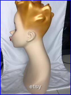 Vintage Kiss Me fiberglass Adult Female mannequin Head Bust 17 tall Detailed face, holes for earrings to display