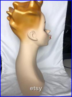 Vintage Kiss Me fiberglass Adult Female mannequin Head Bust 17 tall Detailed face, holes for earrings to display