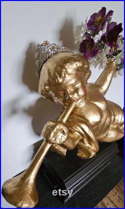 Vintage Large Paper, papier mache cherb angel mannequin shop display item, rhinestone crown and floral display