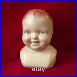 Vintage Mannequin Bust Head Baby Toddler Bust Hat Bonnet with Two Top Teeth Plaster Chalkware