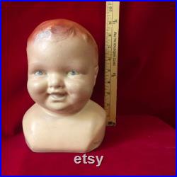 Vintage Mannequin Bust Head Baby Toddler Bust Hat Bonnet with Two Top Teeth Plaster Chalkware