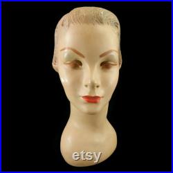 Vintage Mannequin Head Bust hat store display, plaster, 84, 1940s, light hair, brown eyes, French collectible, young woman, lady, form