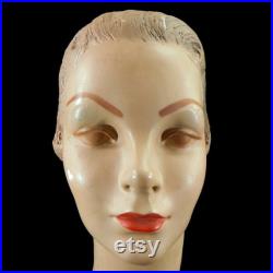 Vintage Mannequin Head Bust hat store display, plaster, 84, 1940s, light hair, brown eyes, French collectible, young woman, lady, form