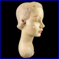 Vintage Mannequin Head Bust hat store display, plaster, 84, 1940s, light hair, brown eyes, French collectible, young woman, lady, form