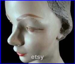 Vintage Mannequin Head Bust hat store display, plaster, 84, 1940s, light hair, brown eyes, French collectible, young woman, lady, form