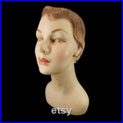 Vintage Mannequin Head Bust hat store display, plaster, 85, 1940s, brown hair, brown eyes, French collectible, young woman, lady, form