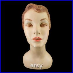 Vintage Mannequin Head Bust hat store display, plaster, 85, 1940s, brown hair, brown eyes, French collectible, young woman, lady, form