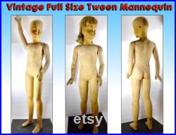 Vintage Mannequin, Tween Size, Store Fixture Circa Early 20th Century, Carved Wood and Composition, Linen Covering, Jointed Arm, Pin-Curl Wig