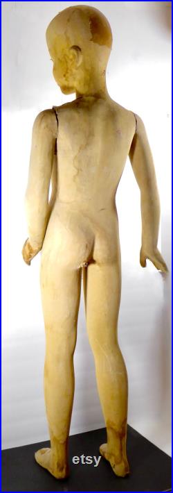 Vintage Mannequin, Tween Size, Store Fixture Circa Early 20th Century, Carved Wood and Composition, Linen Covering, Jointed Arm, Pin-Curl Wig