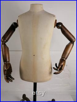 Vintage Mannequin with wooden arms on rolling base. Tailor's Dummy.