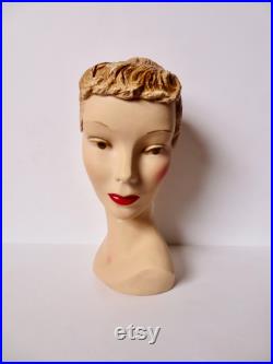 Vintage Plaster Mannequin Head Millinery Bust 1930s 1940s Blonde Ruby Lips Numbered Hat Jewelry Display Art Deco Chalkware Maximalist Decor