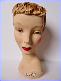 Vintage Plaster Mannequin Head Millinery Bust 1930s 1940s Blonde Ruby Lips Numbered Hat Jewelry Display Art Deco Chalkware Maximalist Decor