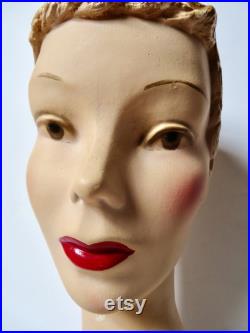 Vintage Plaster Mannequin Head Millinery Bust 1930s 1940s Blonde Ruby Lips Numbered Hat Jewelry Display Art Deco Chalkware Maximalist Decor