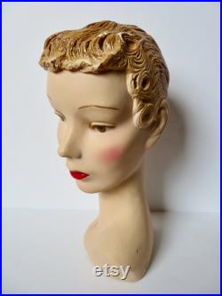 Vintage Plaster Mannequin Head Millinery Bust 1930s 1940s Blonde Ruby Lips Numbered Hat Jewelry Display Art Deco Chalkware Maximalist Decor