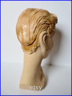 Vintage Plaster Mannequin Head Millinery Bust 1930s 1940s Blonde Ruby Lips Numbered Hat Jewelry Display Art Deco Chalkware Maximalist Decor
