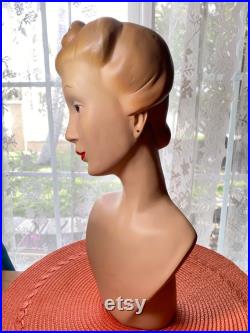 Vintage Rare 1940s Art Deco store mannequin head . bust for display . small . elegant hairstyle and eyes