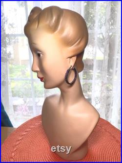 Vintage Rare 1940s Art Deco store mannequin head . bust for display . small . elegant hairstyle and eyes